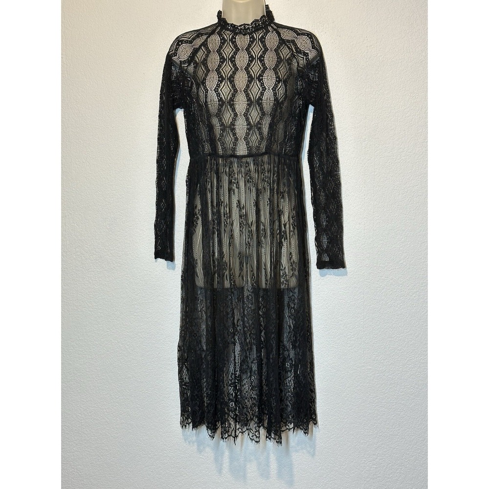 Y2K Forever 21 Black Sheer Lace Midi Dress Sz M Whimsigoth Fairy Grunge‎